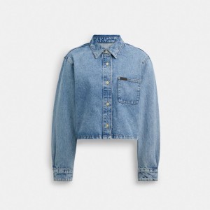 Coach Cropped Denim Button Down Topper Dame Blå | DMG160459