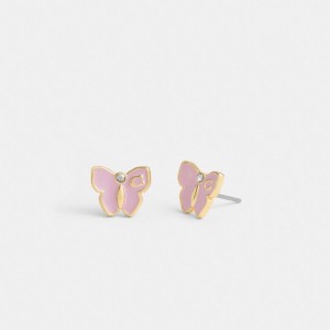 Coach Garden Butterfly Stud Earrings Smykker Dame Gull Lilla | MQU082137