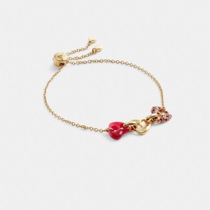 Coach Pave Hearts Chain Link Slider Bracelet Smykker Dame Gull Rosa Multicolor | OYW249370