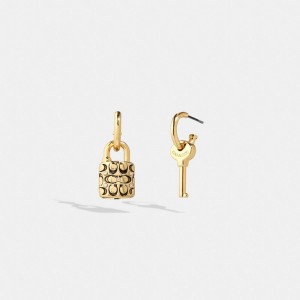 Coach Quilted Padlock Key Mismatch Earrings Smykker Dame Gull Svarte | DQF126978