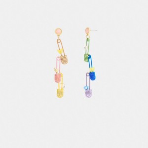 Coach Safety Pin Charm Drop Earrings Smykker Dame Gull Multicolor | KMU946328