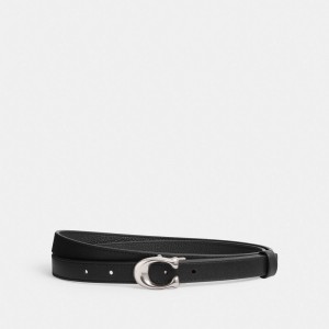 Coach Sculpted Signature Buckle Reversible Belt, 20 Mm Belte Dame Sølv Svarte | PYX675801