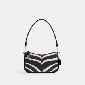 Coach Swinger Bag 20 With Zebra Print Skulderveske Dame Sølv | HAS039758