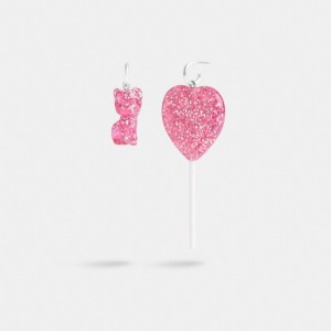 Coach The Lil Nas X Drop Cat And Heart Lollipop Mismatch Earrings Smykker Dame Sølv Rosa | YJN564087