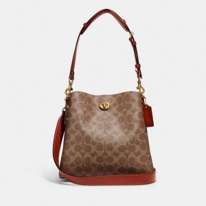 Coach Willow Bucket Bag In Signature Canvas Skulderveske Dame Brune Rød | VTI465901