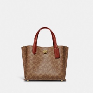 Coach Willow Tote Bag 24 In Signature Canvas Tote Veske Dame Brune Rød | NYJ431856