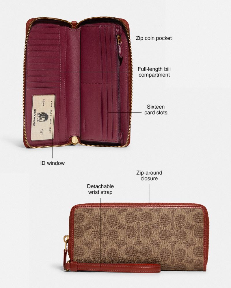 Coach Continental Wallet In Signature Canvas Stor Lommebok Dame Brune Rød | LPW079516