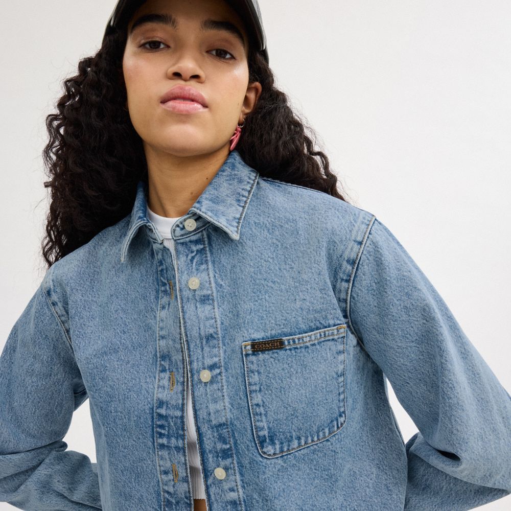 Coach Cropped Denim Button Down Topper Dame Blå | DMG160459