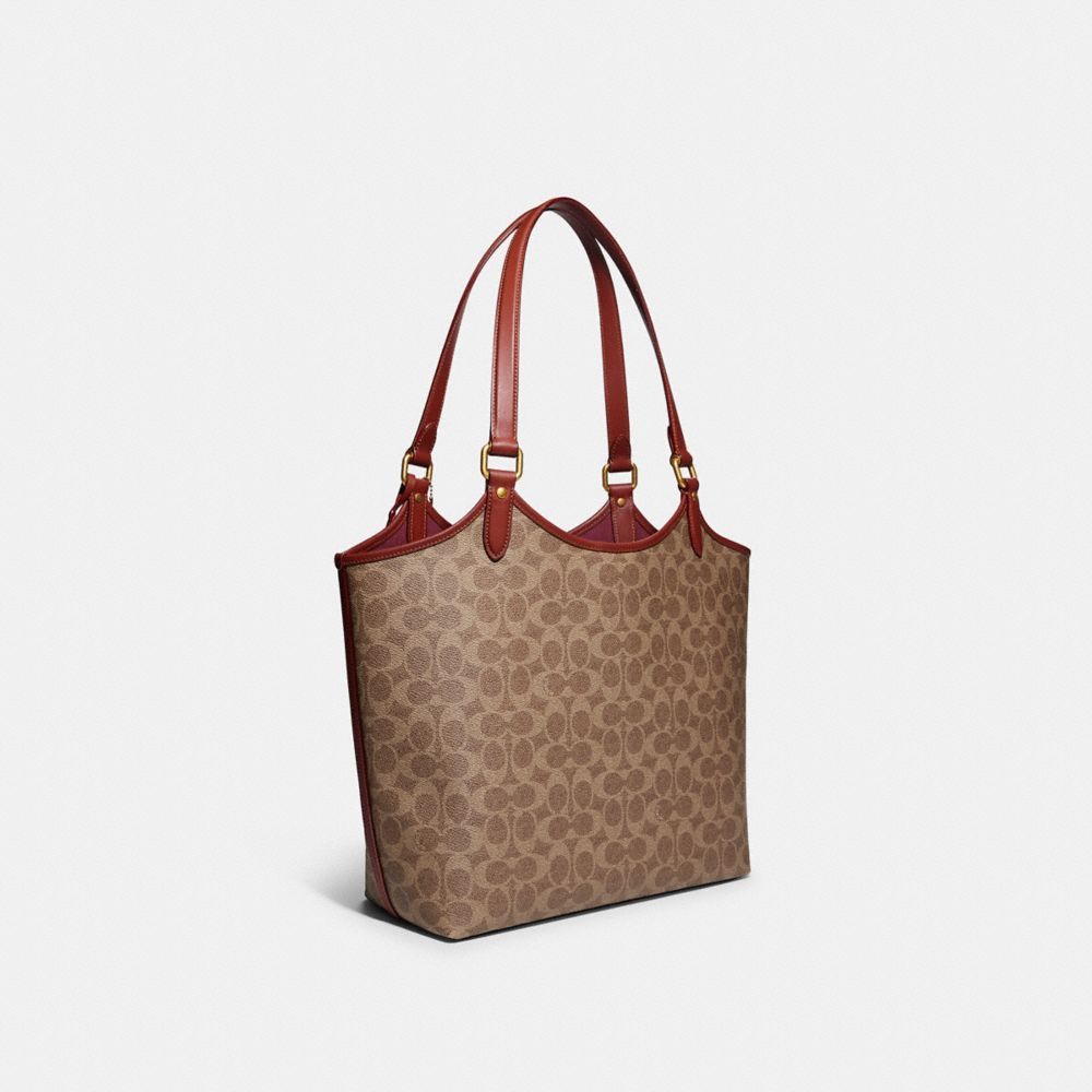 Coach Day Tote Bag In Signature Canvas Tote Veske Dame Brune Rød | QYZ649021