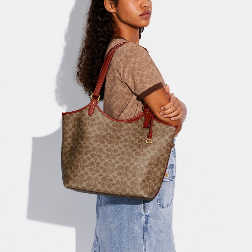 Coach Day Tote Bag In Signature Canvas Tote Veske Dame Brune Rød | QYZ649021