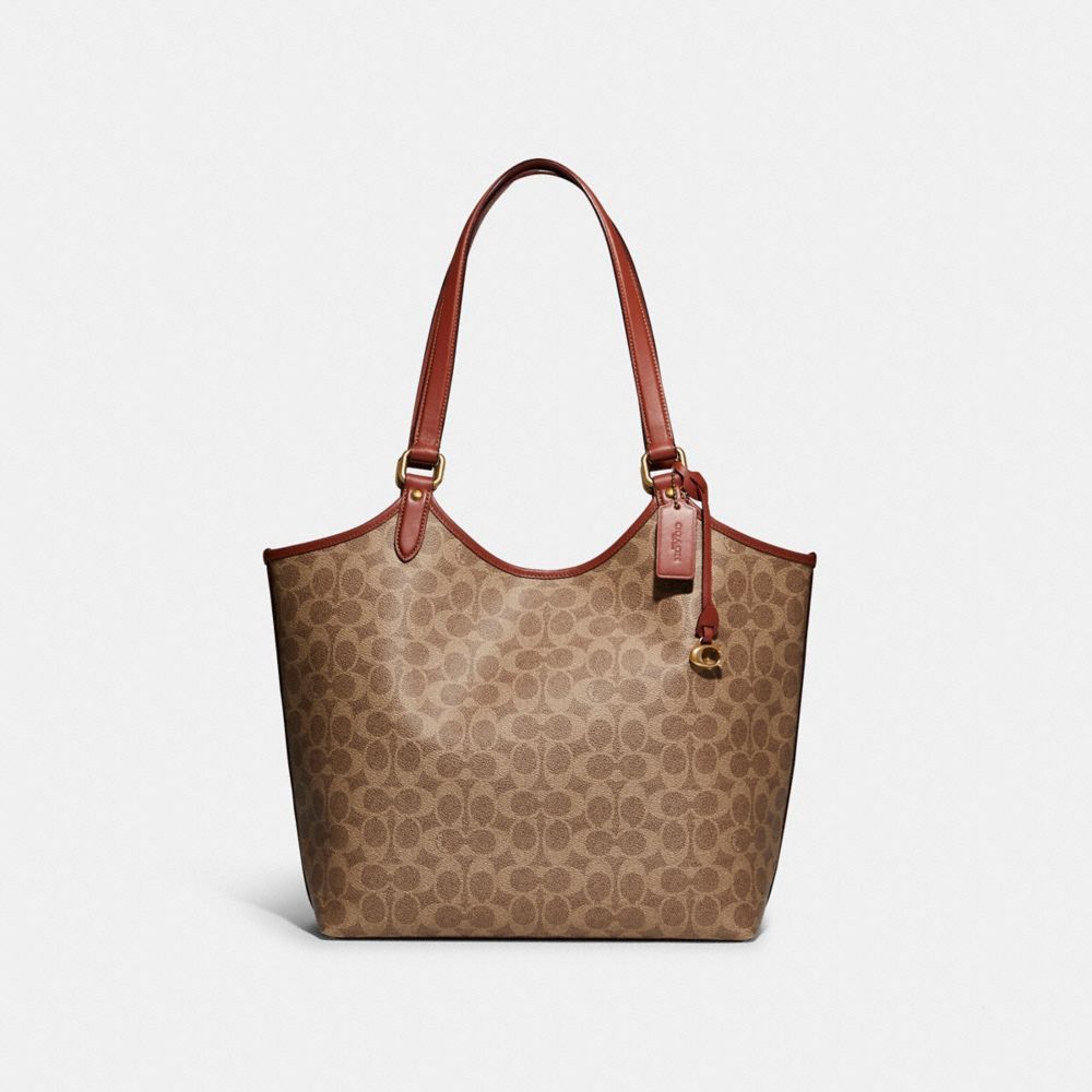 Coach Day Tote Bag In Signature Canvas Tote Veske Dame Brune Rød | QYZ649021