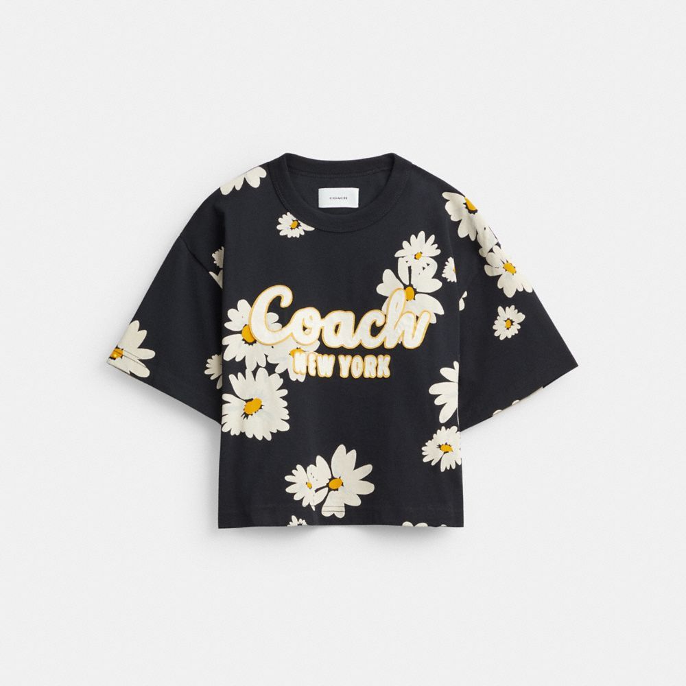 Coach Floral Cropped Signature Script T Shirt In Organic Cotton Topper Dame Svarte | XKL795486