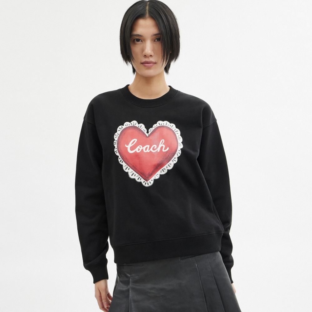 Coach Heart Crewneck Sweater Topper Dame Svarte | JBM263591