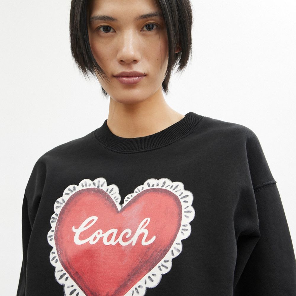 Coach Heart Crewneck Sweater Topper Dame Svarte | JBM263591