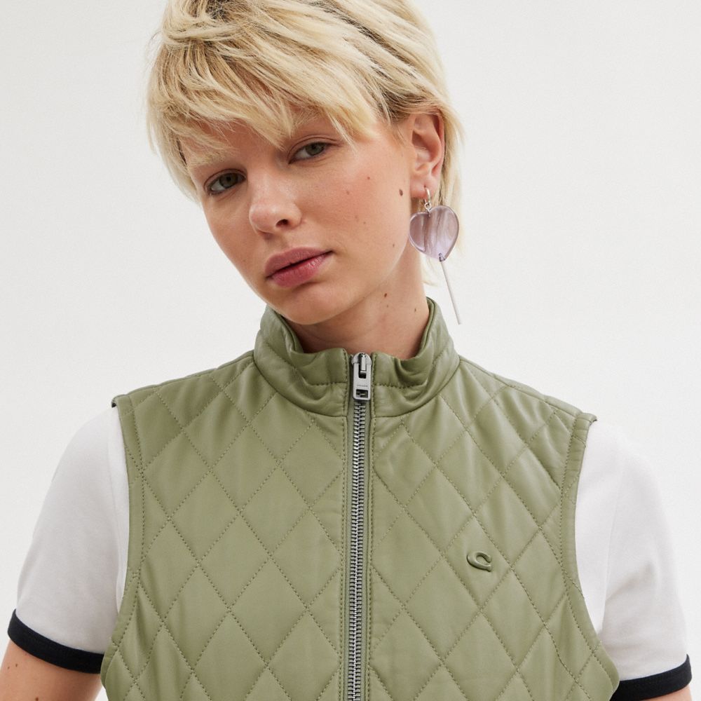 Coach Leather Quilted Vest Jakker Dame Grønn | ZSR308254