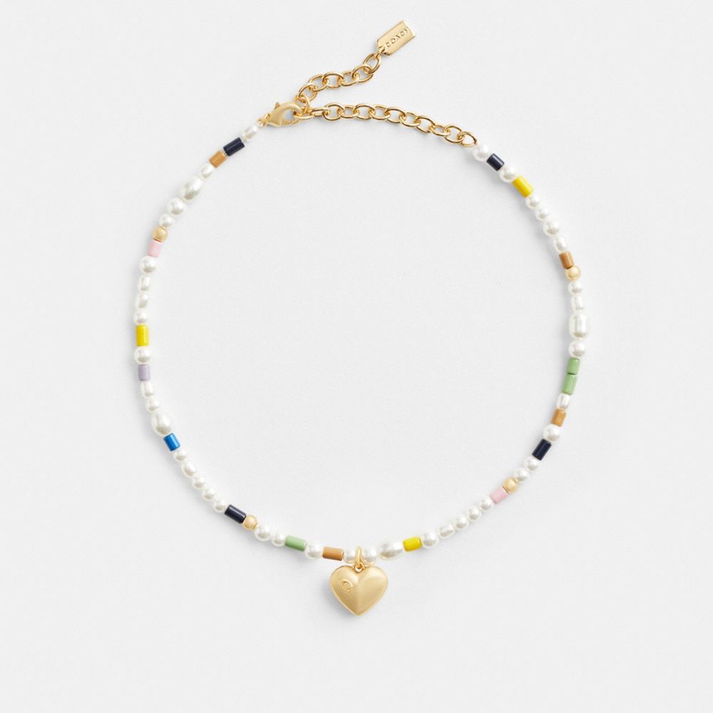 Coach Signature Heart Beaded Pearl Choker Necklace Smykker Dame Gull Multicolor | BQO836541