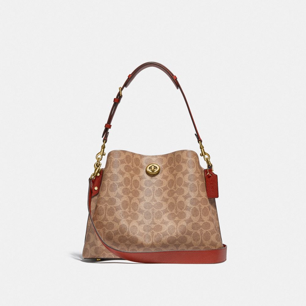 Coach Willow Shoulder Bag In Signature Canvas Skulderveske Dame Brune Rød | HSJ795601